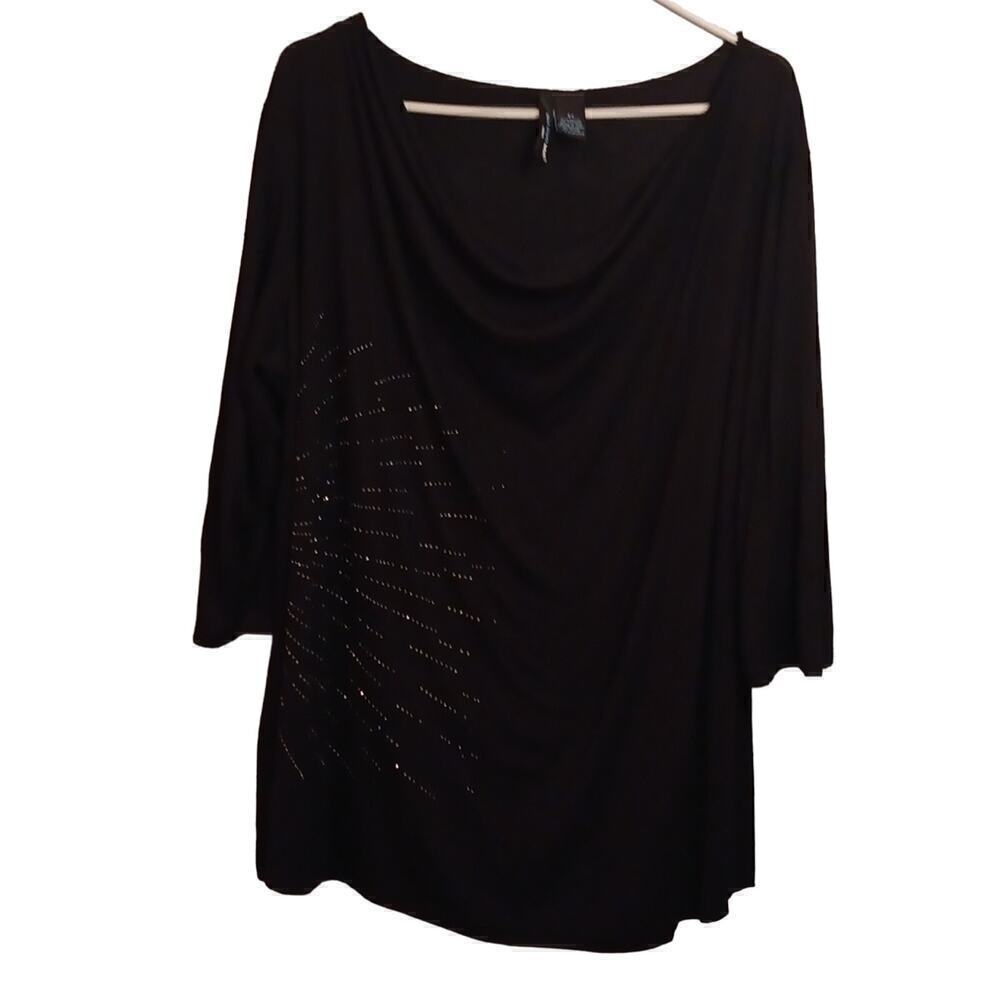 EUC Saint Tropez West 3X Black 3/4 Sleeve Rhinestones Cowl Neckline Top